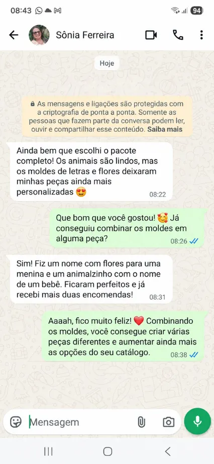 Depoimento de Sônia Ferreira no WhatsApp sobre os moldes completos