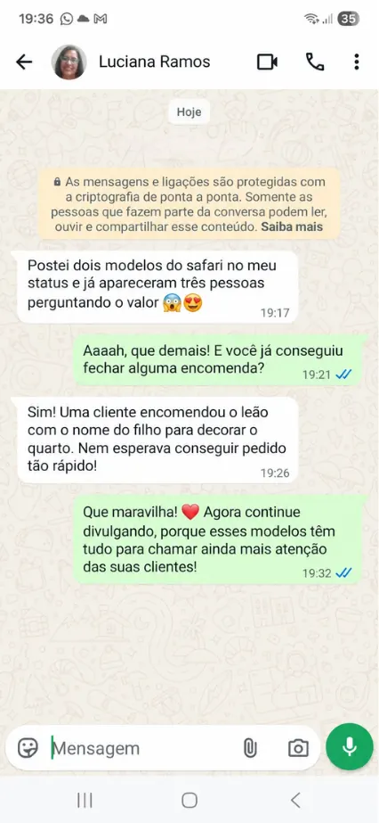 Depoimento de Luciana Ramos no WhatsApp sobre vendas com os moldes